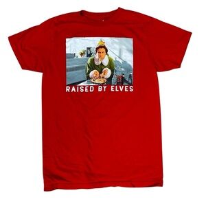 ELF Men’s Medium Red Short Sleeve Shirt Raised by Elves Cotton Christmas